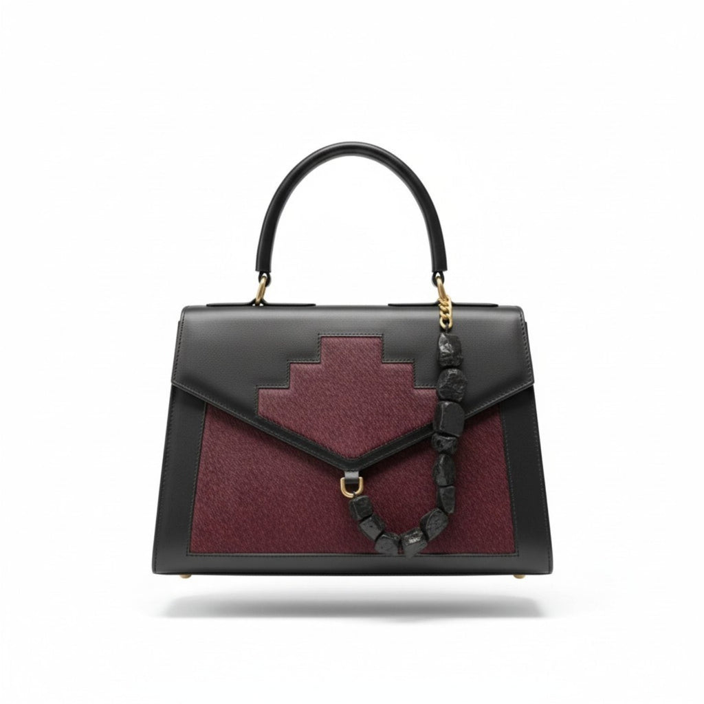 Cartera Kallpa Negro y Borgoña — Cuero y alpaca suri, hecho a mano en Lima - Quranteby
